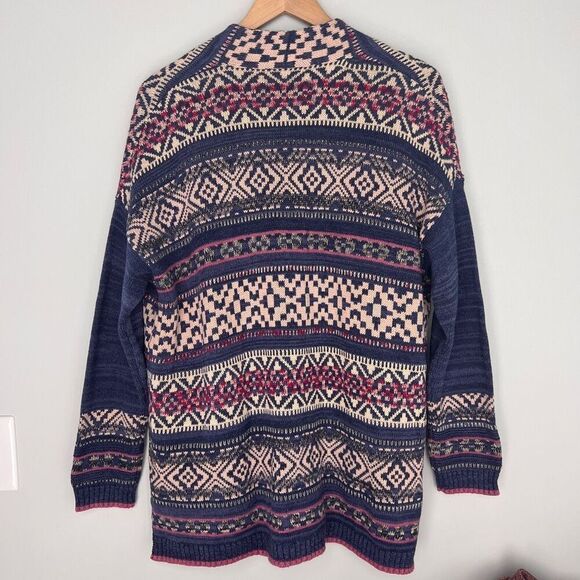 Chaps Women’s Medium Knit Sweater Cardigan Aztec Boho Open Front Blue Cozy - Picture 2 of 5